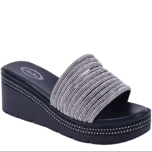 Restock!  White Platform Silver Rhinestone Embellished Wedge Slide-In Sandals - Picture 9 of 12